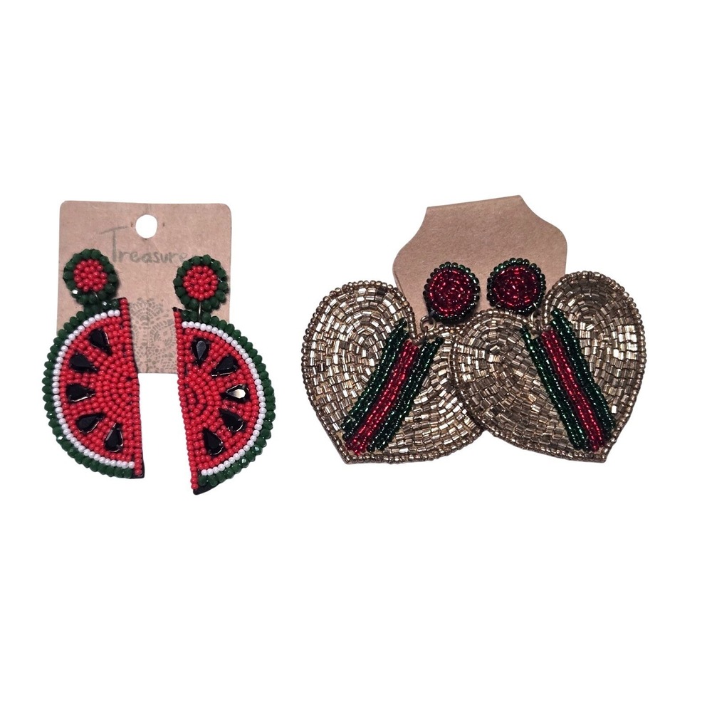 Beaded Watermelon & Striped Heart Statement Earrings Set Boho Summer Fruit New